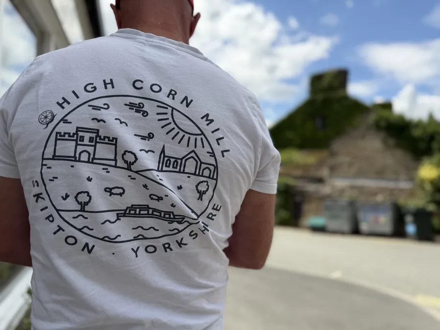 High Corn Mill branded t-shirt designed by Halizona, with Skipton Castle behind